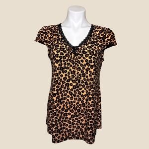Y2K George Leopard Print Top Lace Trim V-Neck Cap Sleeve #14
